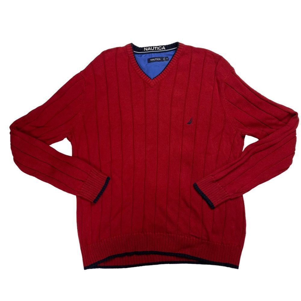 Nautica Knit V Neck Sweater Mens XL Red Casual AT0298